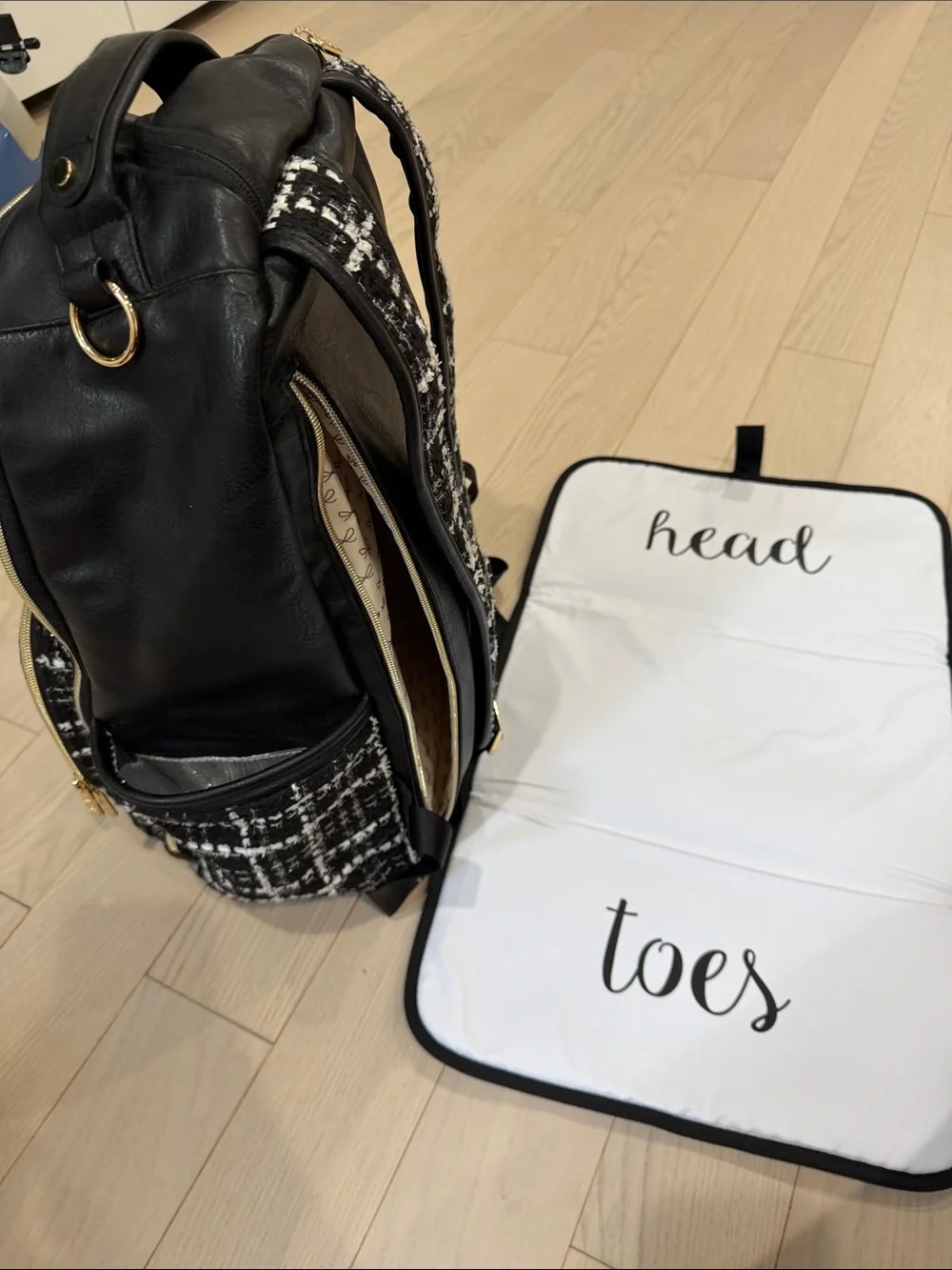 Itzy Ritzy Black & White Tweed Diaper Backpack with Gold Hardware